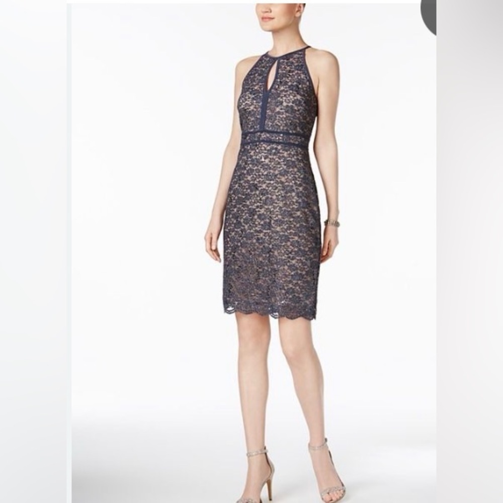 Nightway Navy Sleeveless Sequin Halter Sheath Dress 10